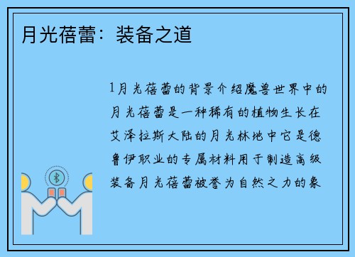 月光蓓蕾：装备之道